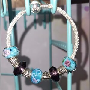 PANDORA Sterling Silver Snake Charm Bracelet w/5 SS Blown Glass Bead Charms